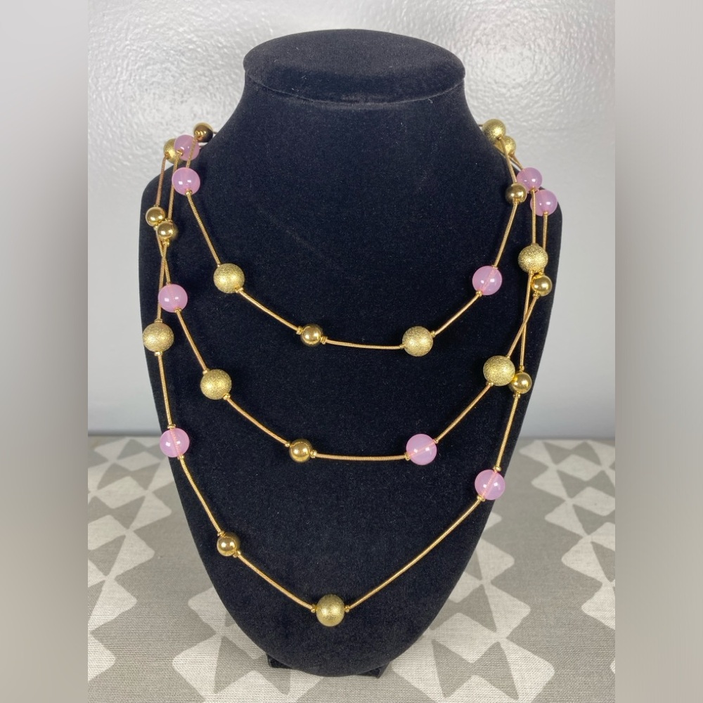 Nicole Miller Pink & Gold Multi-strand Long Necklace Set with Pearl Earrings